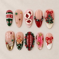 Faux ongles de Noël à presser, lot de 30 pièces, avec figurines de bonbons gourmands et sapins de Noël en relief 3D ; faux ongles pré-dessinés style français