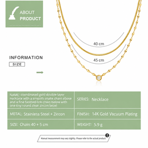 Collar de Zirconia de Doble Capa en Oro, Acero Inoxidable, Chapado al Vacío en Oro de 14K, Cadena Mixta de 40+5cm - Product Image 2