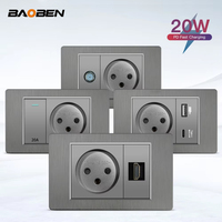 BAOBEN Prise murale grise en PC brossé, norme israélienne, avec USB Type C à charge rapide, interrupteur d'éclairage, TV satellite, téléphone, CAT5, CAT6