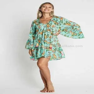 Impressionante Alla Moda Mare Verde Tropical Stampato Mini Vestito Delle Donne Con Bella Ruffle Campana Maniche Lunghe e Maniche Corte Nappa Perfetto Per summers