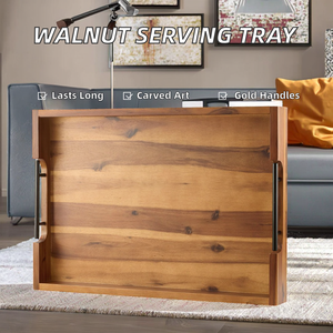 Bandeja de Servir Multifuncional Portátil de Madera de Nogal con Diseño Rústico para Cocina y Sala de Estar, con Asas de Latón Dorado y Doble Nivel Tallado - Product Image 2