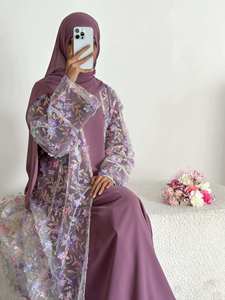 Conjunto de Tres Piezas de Moda <span class=keywords><strong>Juvenil</strong></span> para <span class=keywords><strong>Mujer</strong></span> Musulmana Islámica de Dubái, Color Sólido con Encaje Estampado, Vestido Tradicional Étnico - Product Image 2
