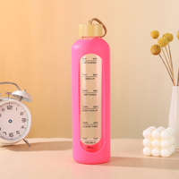 Bouteille d'eau en verre de 1000ml Rappel de temps Citations Bouteilles d'eau réutilisables sans BPA avec manchon en silicone Couvercle en bambou