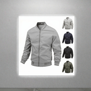 Chaqueta Bomber Cortavientos para Hombre, Cuello Alto, Cierre de Cremallera, Ropa Exterior Informal, Color Sólido, Poliéster, para Otoño - Product Image 2