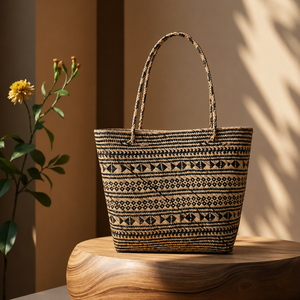 Eco-friendly <b>Straw</b> Tote <b>Bag</b> Geometric Woven Pattern Bohemian Style Open Top Shopping <b>Bag</b> All Seasons Use - Product Image 3