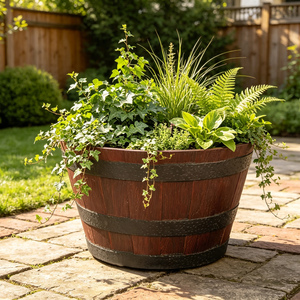 Pot <span class=keywords><strong>de</strong></span> fleurs rustique d'extérieur en résine <span class=keywords><strong>de</strong></span> 15 pouces, pot <span class=keywords><strong>de</strong></span> fleurs en forme <span class=keywords><strong>de</strong></span> baril, pot <span class=keywords><strong>de</strong></span> fleurs brun, grain <span class=keywords><strong>de</strong></span> <span class=keywords><strong>bois</strong></span> vintage, pot <span class=keywords><strong>de</strong></span> fleurs d'extérieur empilable - Product Image 5