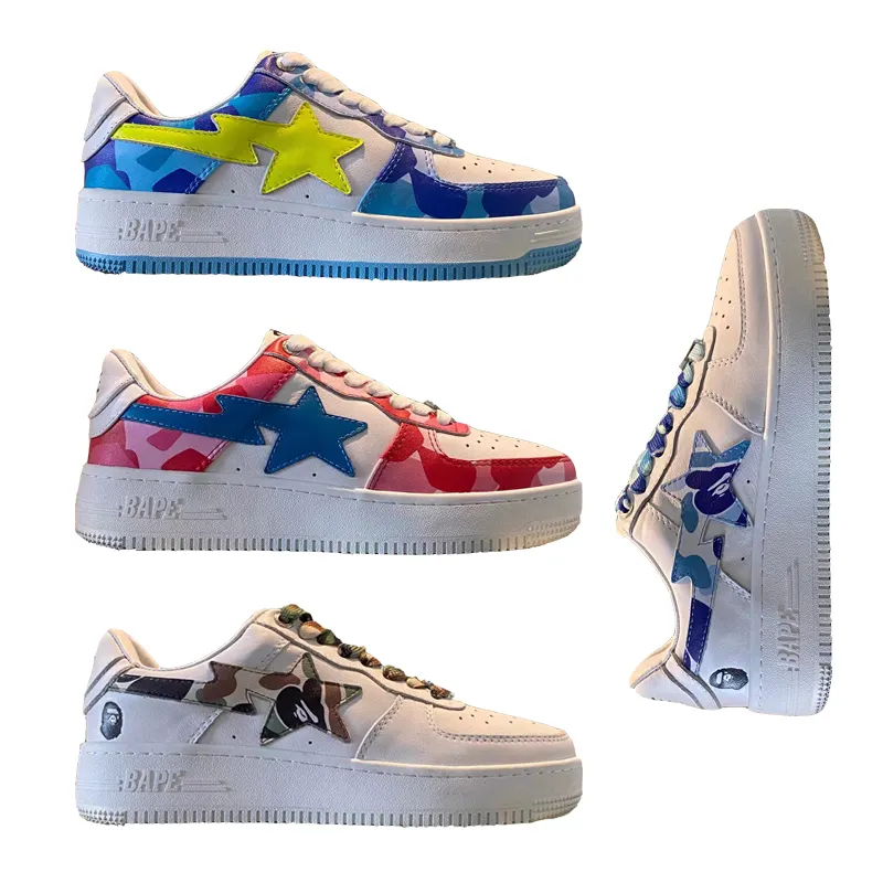 Original Bape Flat Bottom Running Sneakers Bape Shoes Genuine Leather Sneakers Retro Classic Bape Sta Skateboard Men Shoes