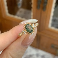 Bague en argent sterling 925 plaqué or 14 carats avec pierre précieuse ovale en agate mousse et accent CZ, motif floral en filigrane et spirale, par Emotional Factory