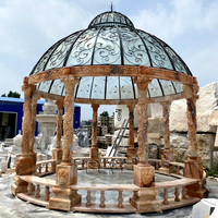 Décoration de jardin Coucher de soleil sculpté à la main Pavillon en pierre naturelle rouge Grand dôme rond étanche Gazebo en marbre Extérieur