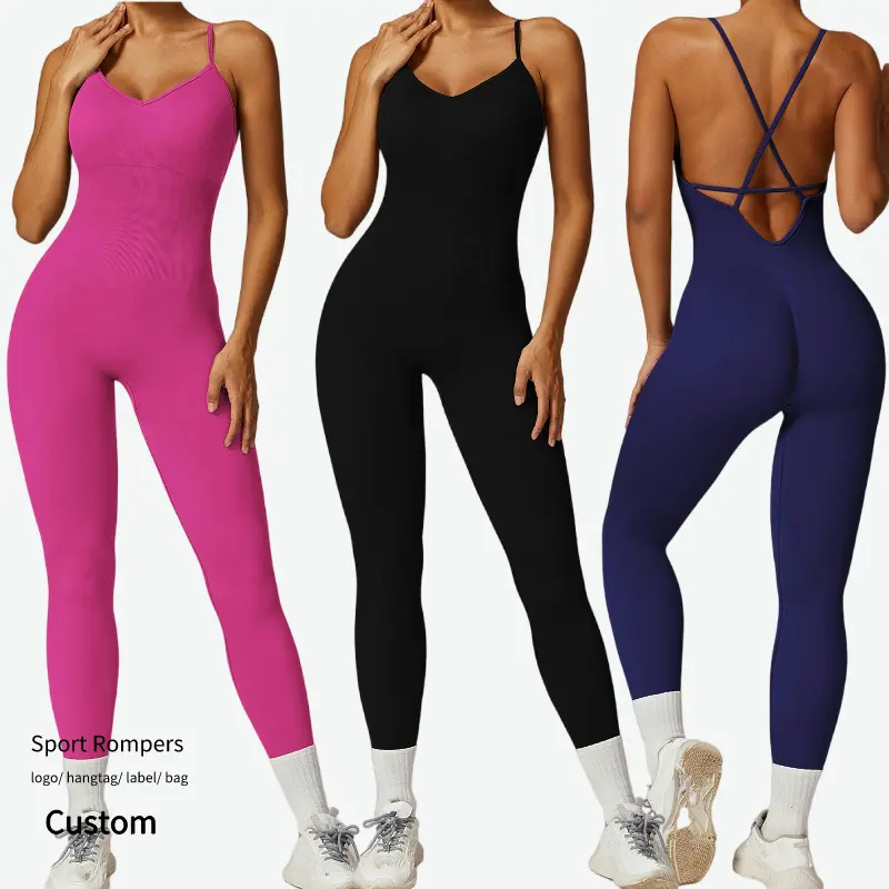 Groothandel Mouwloze Cross Bandjes Sportkleding Jumpsuit Naadloze Eendelige Yoga Overalls Vrouwen Actieve Gym Fitness Jumpsuits