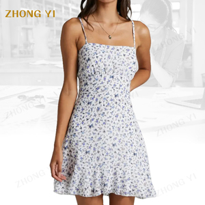 Vestiti all'ingrosso della fabbrica su misura di vendita calda di <span class=keywords><strong>Design</strong></span> di moda con bretelle motivo floreale cravatta indietro Mini donna abito corto - Product Image 3