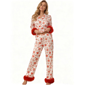 Conjunto de Pijamas de Satén con Adorno de Plumas para Mujer, Estampado de Lazos, Manga Larga, Ropa de Dormir al por Mayor - Product Image 3