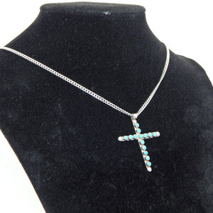 .925 <b>Sterling</b> <b>Silver</b> Curb Chain and Turquoise Beaded <b>Silver</b> <b>Cross</b> - Product Image 4