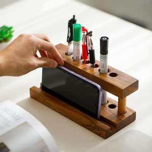Support de stylo et de téléphone en bois à double usage, de forme carrée, avec plusieurs trous pour l'organisation du bureau - Product Image 1