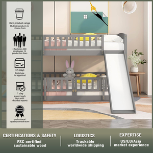 Litera Baja para Niños y Niñas con Tobogán, Camas Dobles Individuales sobre Individuales para Niños Pequeños, Estructura de Cama de Madera a Nivel del Suelo con Barandales - Product Image 4