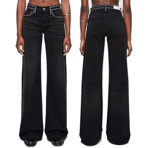 Jeans de mezclilla casuales OEM personalizados para mujer, de corte holgado y pierna ancha, con pedrería, lavado negro - Product Image 1