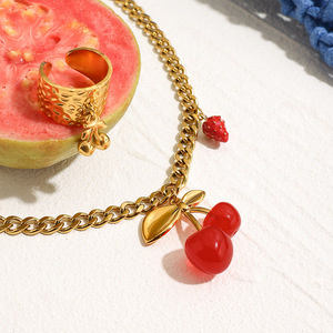 <b>Cherry</b> Pendant Stainless Steel <b>Necklace</b> With Strawberry Charm Fruit Themed Jewelry Gift - Product Image 3