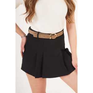 Black Belted Pleated Midi <b>Skirt</b> Wrap A-Line Silhouette Embroidered Decorations XS Size Natural Linen Spandex <b>Silk</b> Knitted - Product Image 4