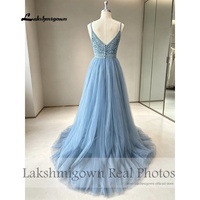 Robe de mariée Lakshmigown bleu poudré style bohème à bretelles spaghetti, coupe trapèze, longueur ras du sol, avec traîne courte pour femme