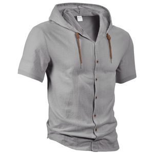 Camisa <span class=keywords><strong>Casual</strong></span> Masculina ChenYue em Algodão e Linho, Cardigã de Manga Curta, Moletom com Capuz, Respirável, Tamanho Europeu Oversized - Product Image 6