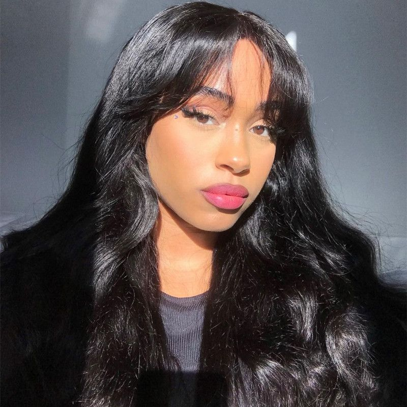 Peluca de cuero cabelludo falso con onda de cuerpo de Bangs