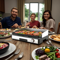 Plaque de cuisson électrique en aluminium moulé sous pression avec revêtement PTFE, gril plat réversible sans fumée pour burgers, œufs, crêpes, avec plateau amovible en acier inoxydable pour hôtels
