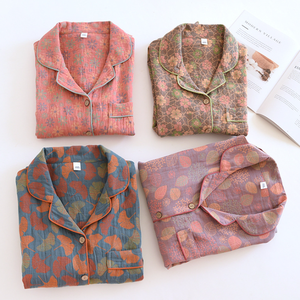 Pigiama <span class=keywords><strong>da</strong></span> <span class=keywords><strong>Donna</strong></span> Primavera-Autunno <span class=keywords><strong>in</strong></span> 100% <span class=keywords><strong>Cotone</strong></span> Traspirante, Set Homewear con Top a Maniche Lunghe e Pantaloni <span class=keywords><strong>in</strong></span> Garza Jacquard Leggera - Product Image 2