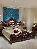 Lit de chambre vintage sculpté en bois massif de chêne avec surface en cuir véritable de style européen luxueux BTLB054 pour la maison ou l'hôtel