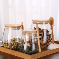 Vente en gros de pots en verre pour la cuisine, pots à épices en verre, couvercle en bambou, récipient de stockage alimentaire avec cuillère