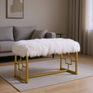 Panca in Pelliccia Bianca con Struttura in Metallo Dorato, Arredamento Contemporaneo per Soggiorno, Design Moderno, Seduta Decorativa - Product Image 2