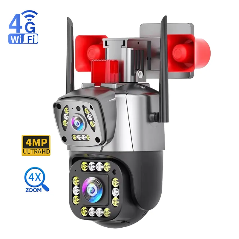 Kamera pengawas keamanan, lensa ganda 4x Zoom sirene Alarm Cctv 4mp Wifi nirkabel pelacakan gerakan otomatis Ptz Ip