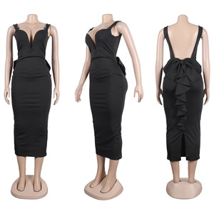 Elegante Kleider für Frauen Sexy <span class=keywords><strong>Plunge</strong></span> Rüschen Saum rücken freies Party kleid Herbst Sommer Frühling Mode Nachtclub Casual <span class=keywords><strong>Dress</strong></span> Roben - Product Image 4