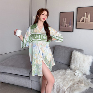 Night Designs Pijamas de seda para mujer Elegante estampado Satén Ropa de dormir Solapa Botón abierto Camisa Camisón Señora Tallas grandes Ropa de dormir - Product Image 2