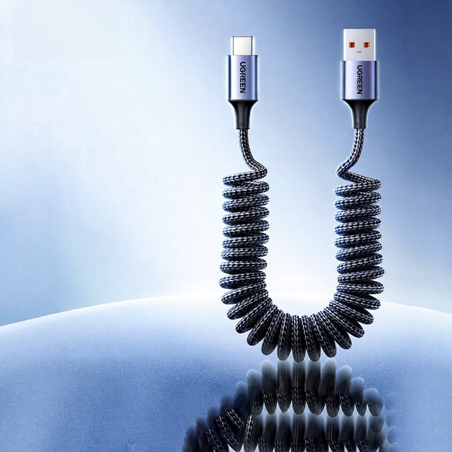 For US554 Coiled Spring Nylon Braid USB-A to Type-C 100W 6A Fast Charging Cable for Car & IOS Devices