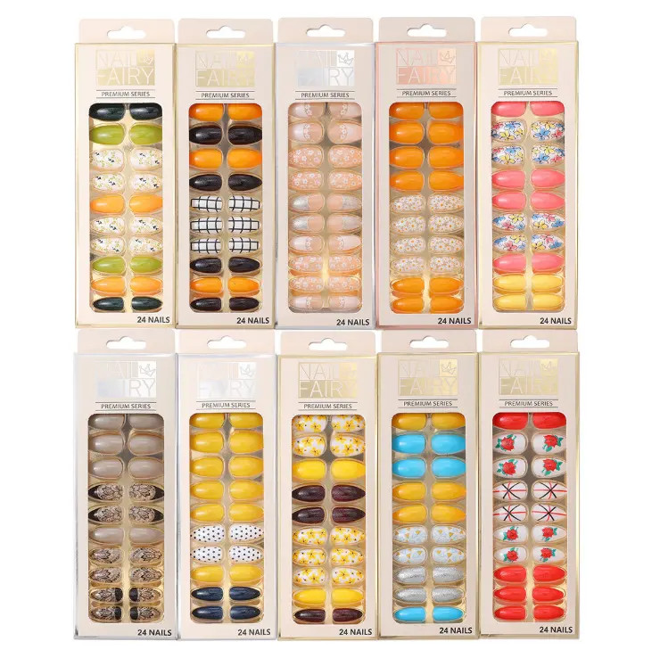 Uñas postizas de longitud media para manicura francesa, uñas postizas acrílicas de remolino colorido con pegamento, 24 unidades