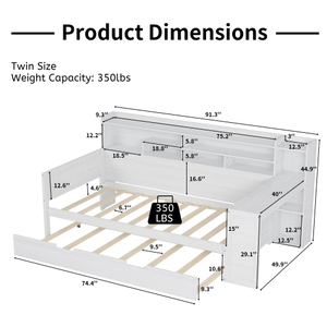 Wooden Twin Size Daybed with Storage Shelves, Multi-functional Bed with Twin Size Trundle Bed and <b>Study</b> <b>Desk</b>, Antique White - Product Image 6