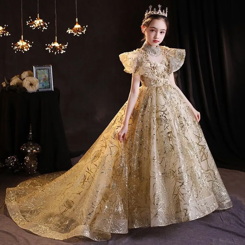 Luxury Gold Sequins Feather Hot Selling Design Kids Boutique Little Girl Ball Gowns Flower Girls Party Dress With Long Train