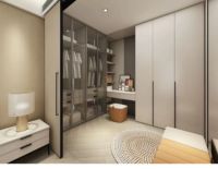 Dressing moderne minimaliste avec portes de placard en verre, tiroirs de rangement à fermeture douce, système de placard modulaire personnalisé