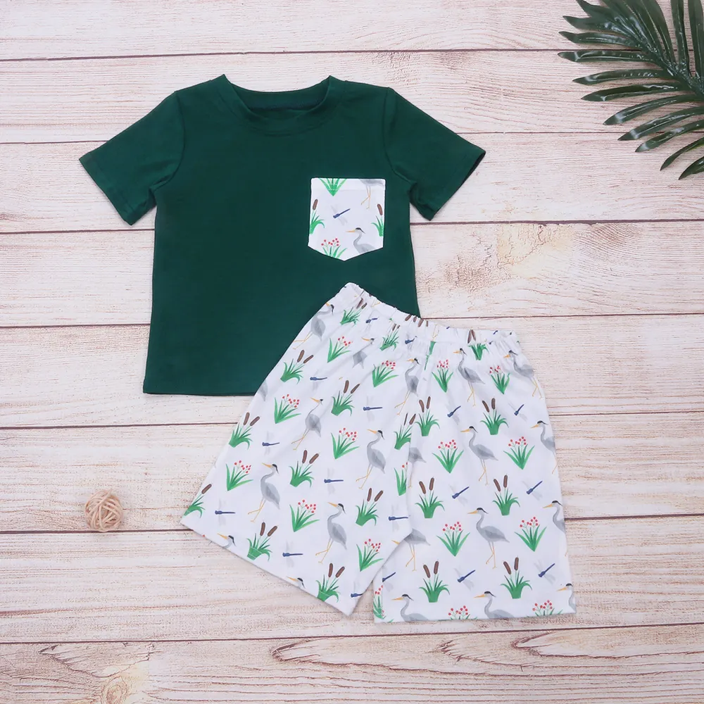 [RTS]Summer discount Dark green T-shirt mallard print shorts boy set Boutique baby clothing Casual children's clothing