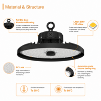 Lámpara LED High Bay UFO para Almacenes y Fábricas, 100W 120W 150W, 4000K, 200 Lm/W, Lente de PC Liteon 5050, IP65 IK08, 7 Años de Garantía