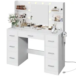 White Modern Vanity Desk Makeup Vanity with LDE Mirror and Drawers Dressing Table Cabinet for Girls and Women