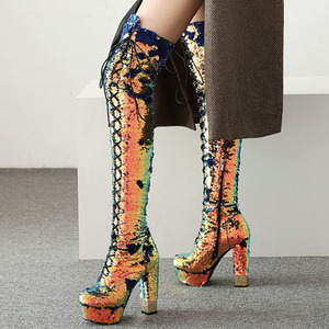 Solid Sequins Cloth Upper Chunky <b>Heel</b> Women Boots High <b>Heel</b> Thigh High Booties Slip-on Dating Party Winter Over Knee High Boots - Product Image 1