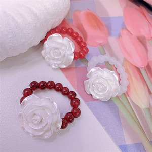 2025 New Imitation Cinnabar <strong>Agate</strong> <strong>Beads</strong> Rose Rings Resin Pearl White Camellia Elastic Women Ring Jewelry Custom - Product Image 1