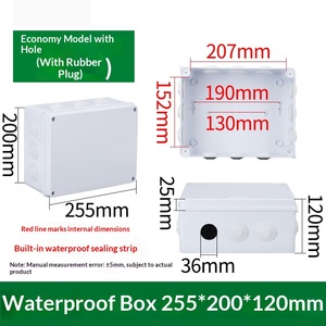 Caja de conexiones impermeable IP65 de 255x200x120mm, plástico ABS, 12 orificios preperforados con tapones de goma, tira de sellado incorporada para exteriores - Product Image 1
