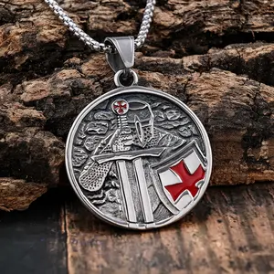 High Quality Stainless Steel Vintage Masonic Jewelry Helmet Shield Knights Templar Medallion Pendant Necklace Set For Man