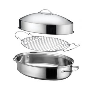 Sartén ovalada de metal de acero inoxidable con tapa y estante - Product Image 3