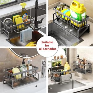Support de rangement pour évier de cuisine en acier au carbone, type sur pied, pour éponge, chiffon et torchon, avec égouttoir de comptoir et support de robinet - Product Image 6