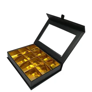 Verdeler 12 Stuks Geschenkdoos Met Gouden Bakje Invoegen Luxe Truffel Gloss Zwart Belgische Verpakking Lege Chocolade Truffeldozen