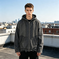 Premium Distressed Zip-up Hoodie mit 97,5% Formbeständigkeit, 3D-Silikon-Prägelogo, Schwere Baumwolle, Streetwear-Hoodies aus Fabrikproduktion