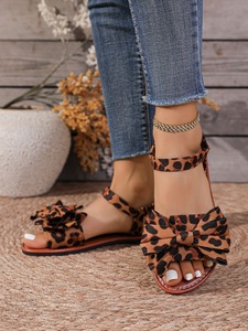 Summer Women Leopard Print Flat Sandals Sweet Big <b>Bow</b> Design Elastic Ankle Strap Casual Beach Sandals - Product Image 2